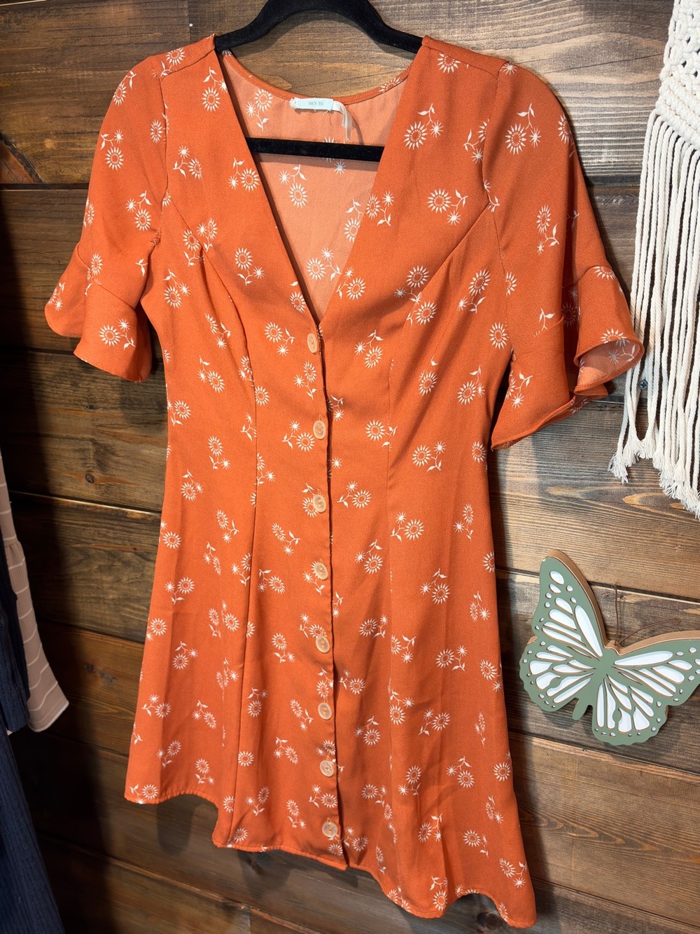 Urban outfitters Flutter Sleeve Button-Front Dress in Rust Orange